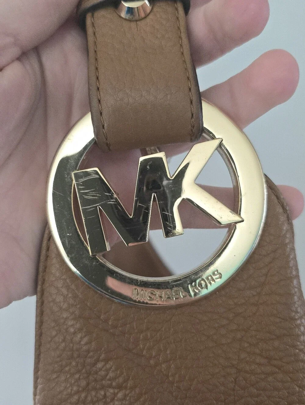Michael Kors Tan Pebbled Leather Hobo with Gold Logo Charm